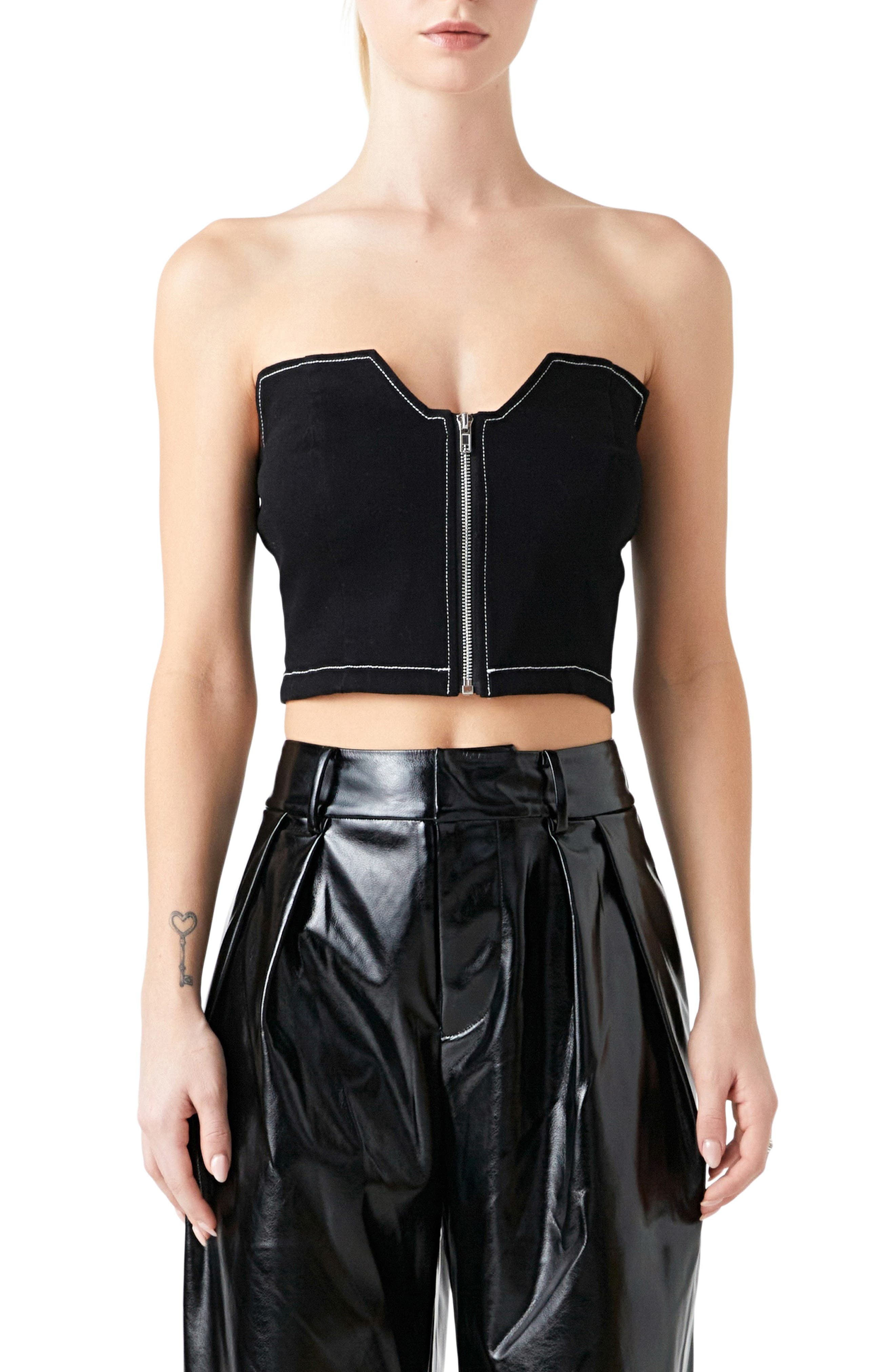 Zip Front Strapless Denim Top