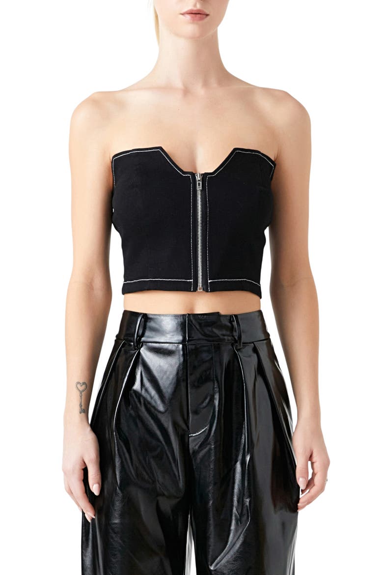 Zip Front Strapless Denim Top, Main, color, JET BLACK