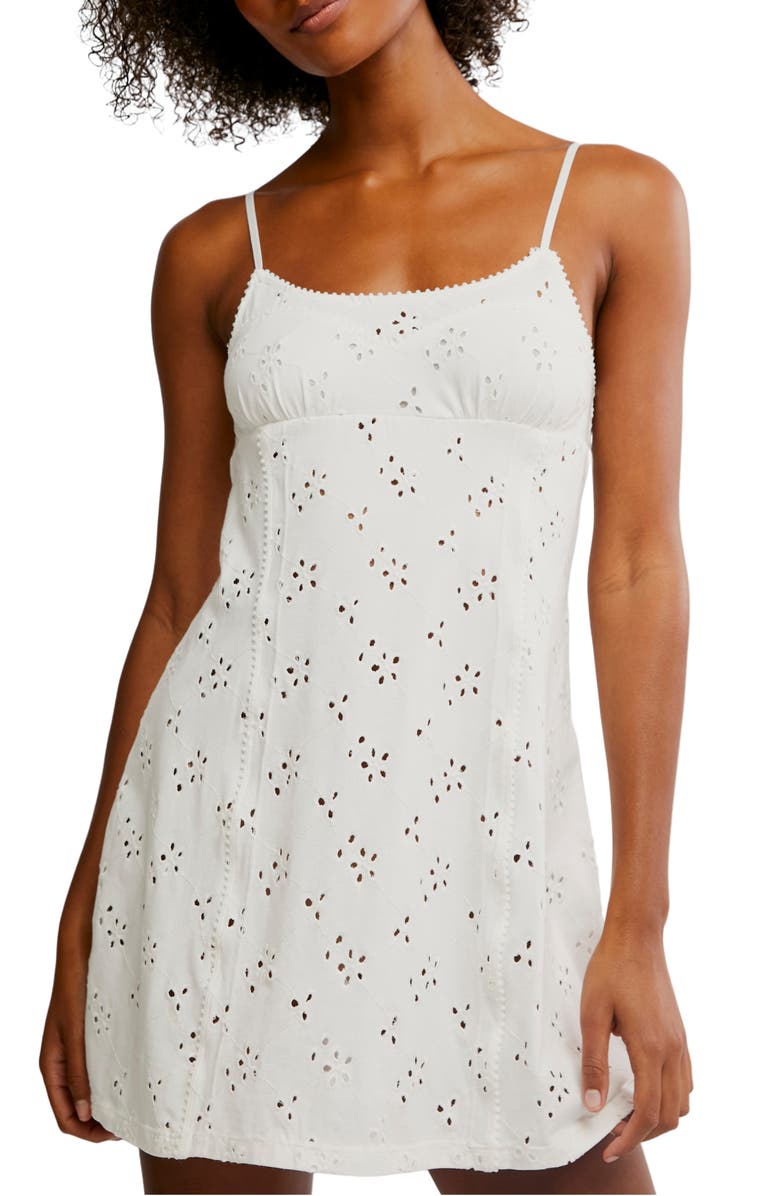Free People Full Bloom Stretch Cotton Eyelet Mini Slipdress, Alternate, color, Ivory