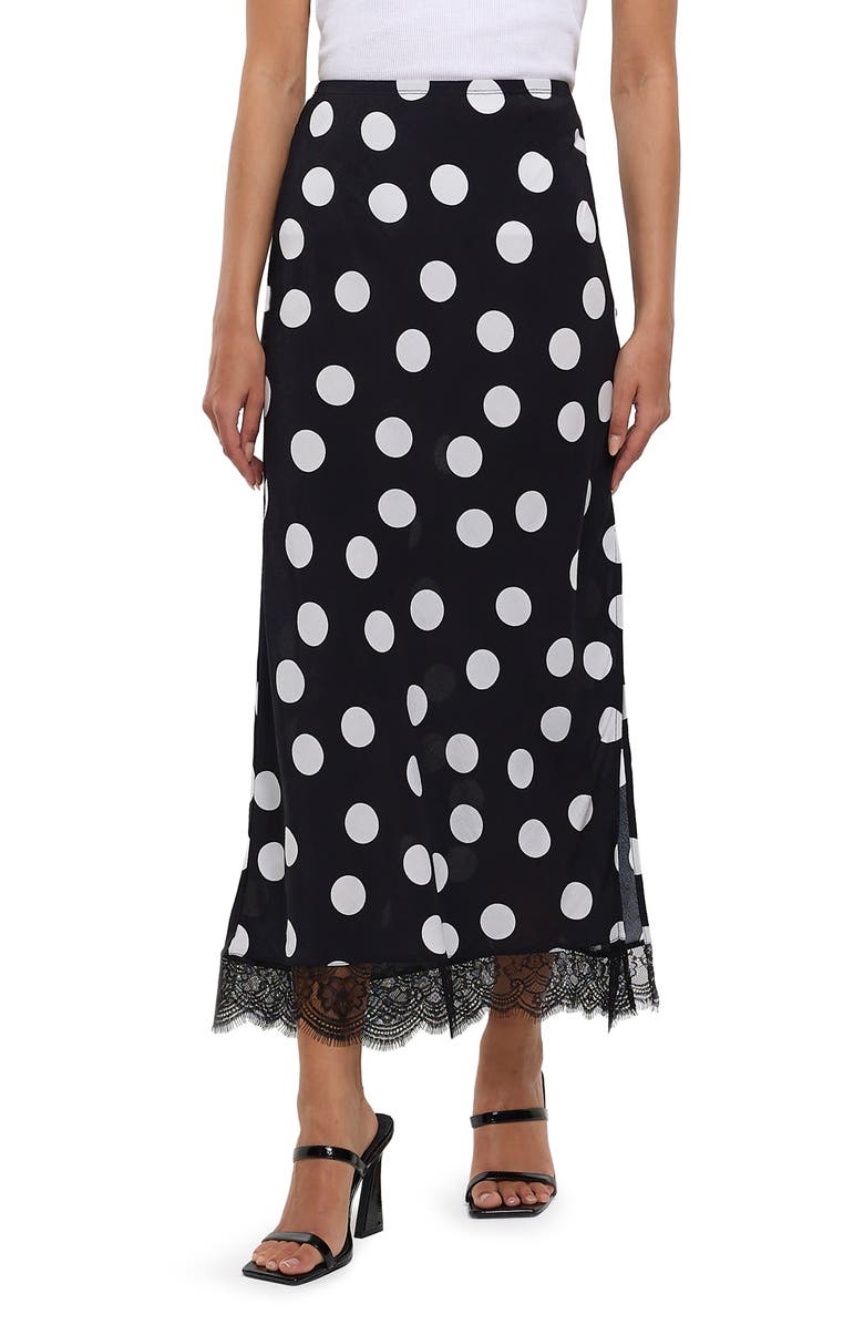 River Island Lace Trim Polka Dot Bias Satin Midi Skirt, Main, color,