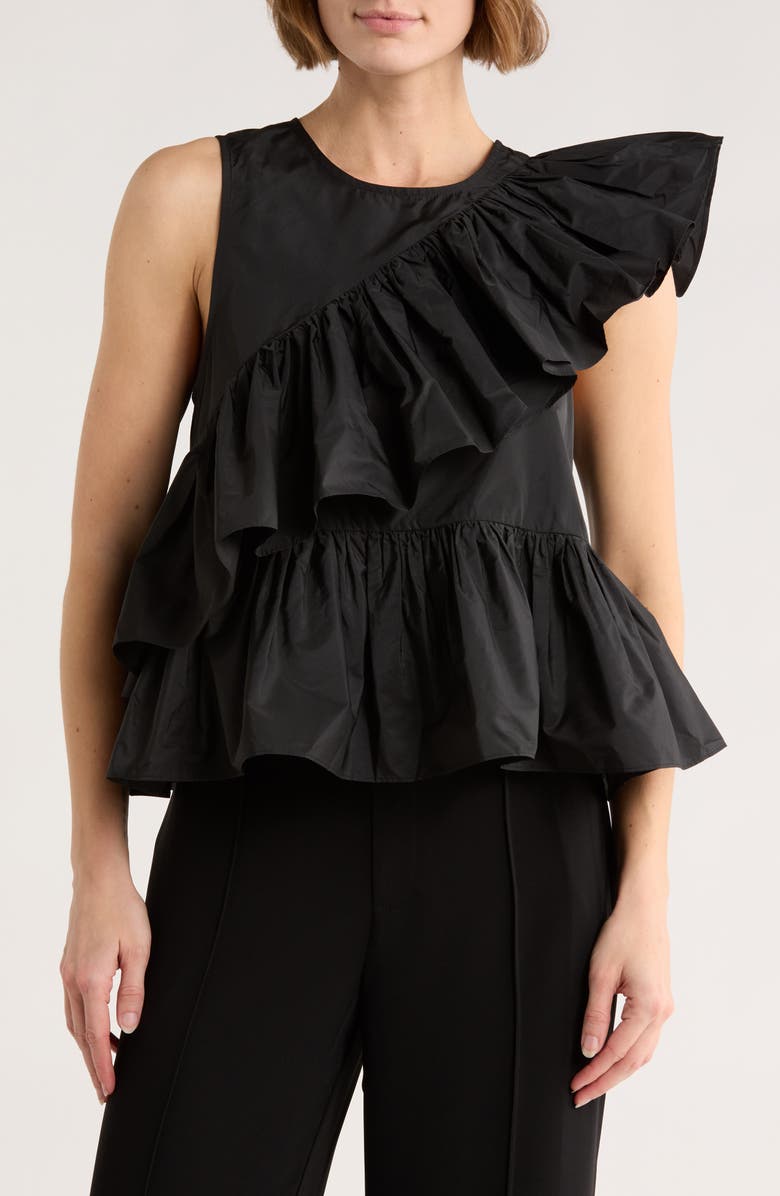 Cinq à Sept Ricki Asymmetrical Shoulder Peplum Top, Main, color, Black