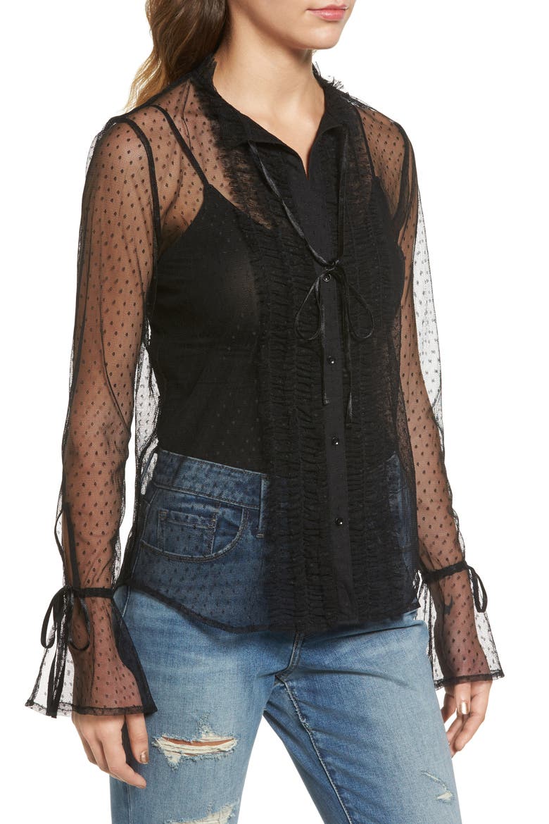 Ruffle Mesh Blouse, Alternate, color, BLACK