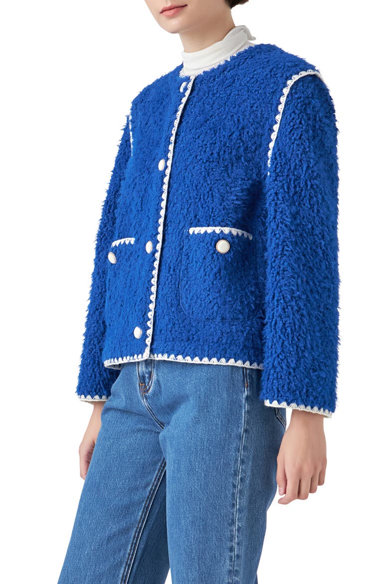 Premium Contrast Trim Faux Shearling Jacket, Alternate, color, BLUE/ WHITE