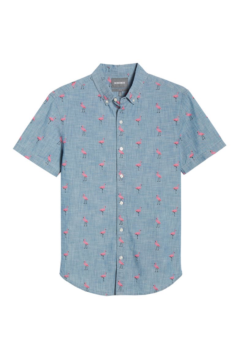 Riviera Slim Fit Flamingo Print Sport Shirt, Alternate, color, CHAMBRAY FLAMINGO - PINK