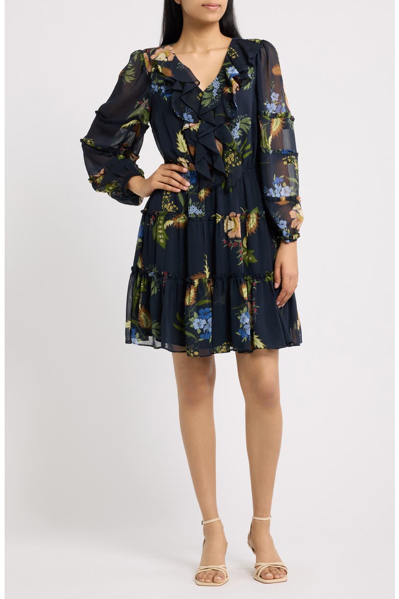 Floral Print Long Sleeve Dress, Main, color, RICH BLACK