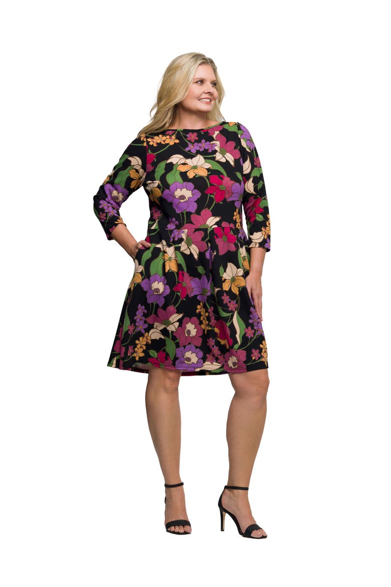 Plus Size Floral Fit and Flare Pocket Knee Length Dress, Alternate, color, Black Multi