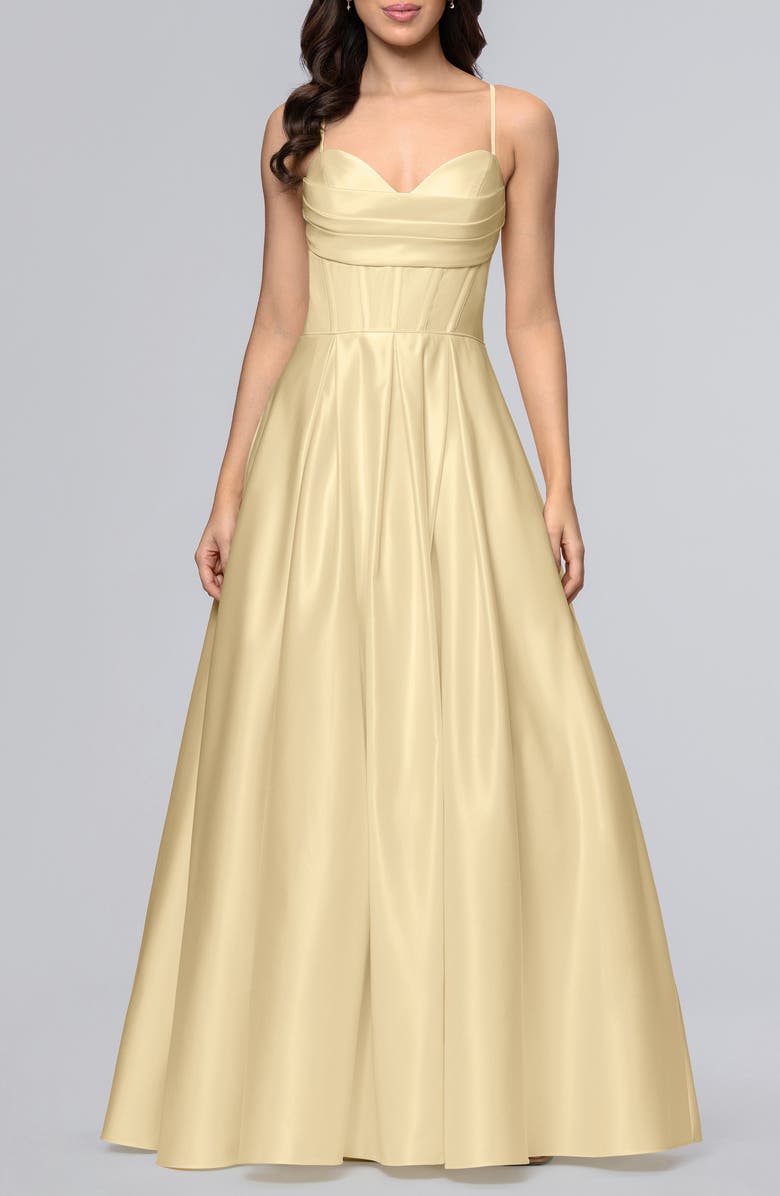Blondie Nites Corset Bodice Satin A-Line Gown, Main, color, Butter