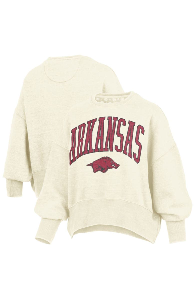 PRESSBOX Women's Pressbox Natural Arkansas Razorbacks Oversized Waist-Length Crewneck Sweatshirt, Main, color, Natural