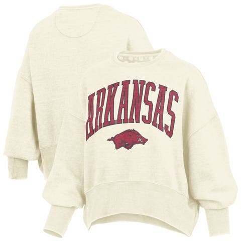 Women's Pressbox Natural Arkansas Razorbacks Oversized Waist-Length Crewneck Sweatshirt