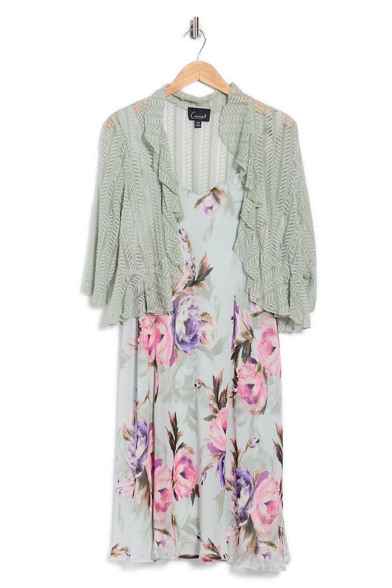 Floral Chiffon Dress & Lace Shrug Set, Alternate, color, SAGE