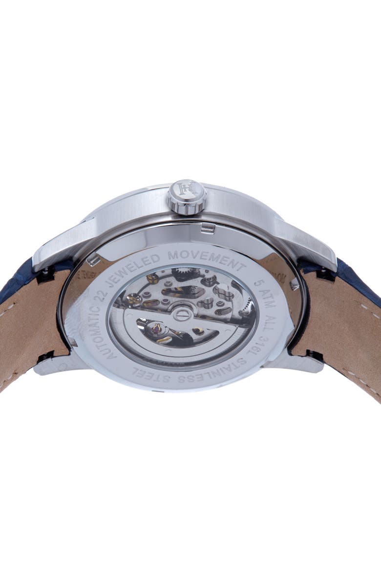 Davies Semi-Skeleton Leather-Band Watch, Alternate, color, Silver/Navy