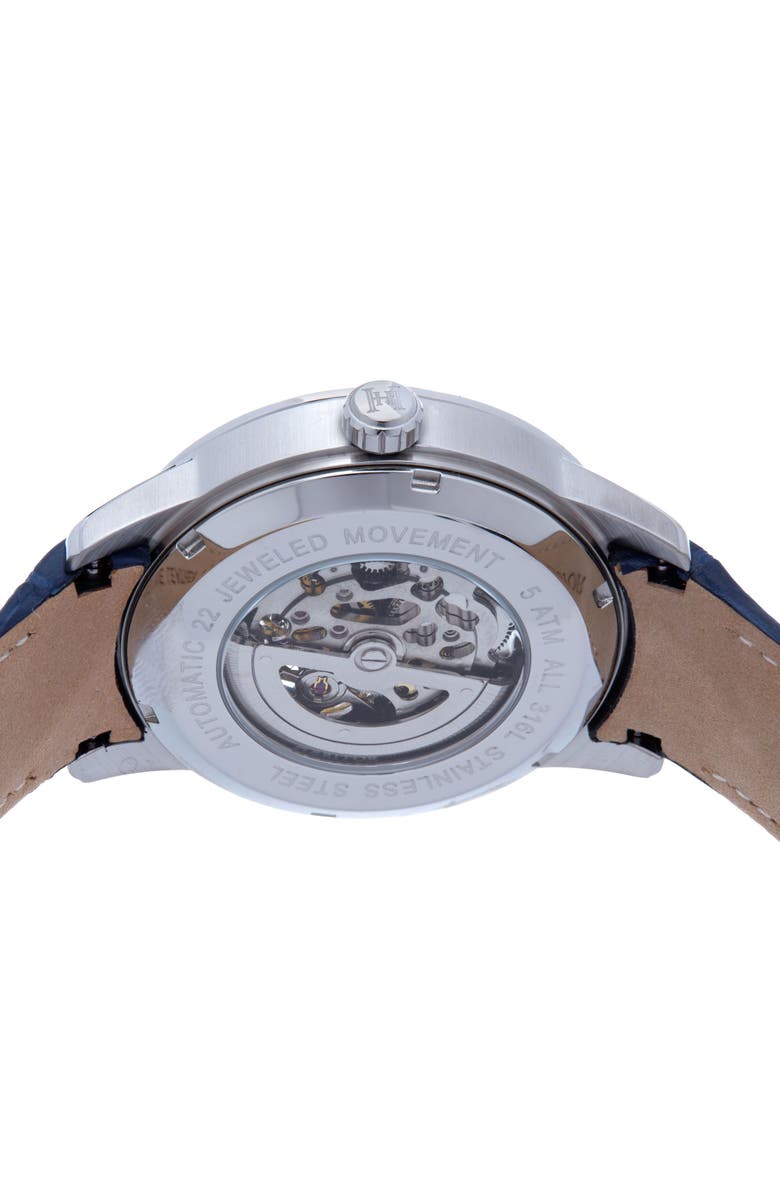Heritor Automatic Davies Semi-Skeleton Leather-Band Watch, Alternate, color, Silver/Navy