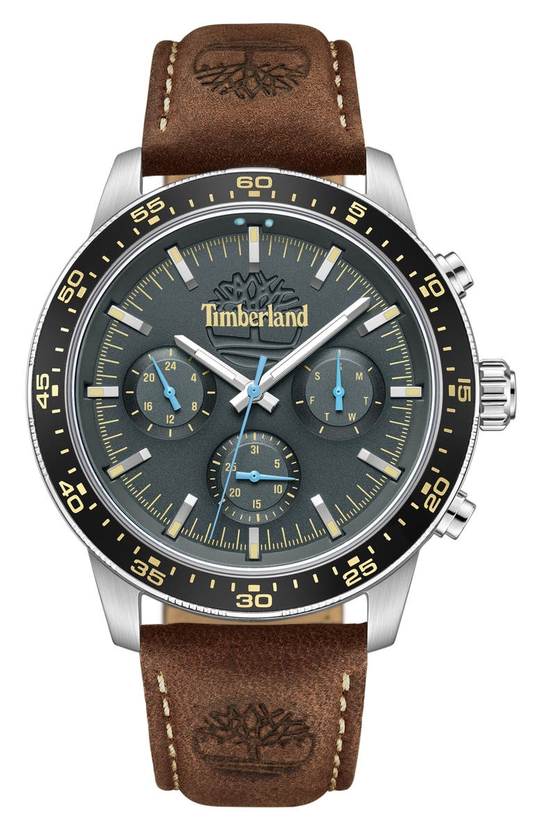 Timberland Parkman Multifunction Chronograph Leather Strap Watch, 44mm, Main, color, Dark Brown