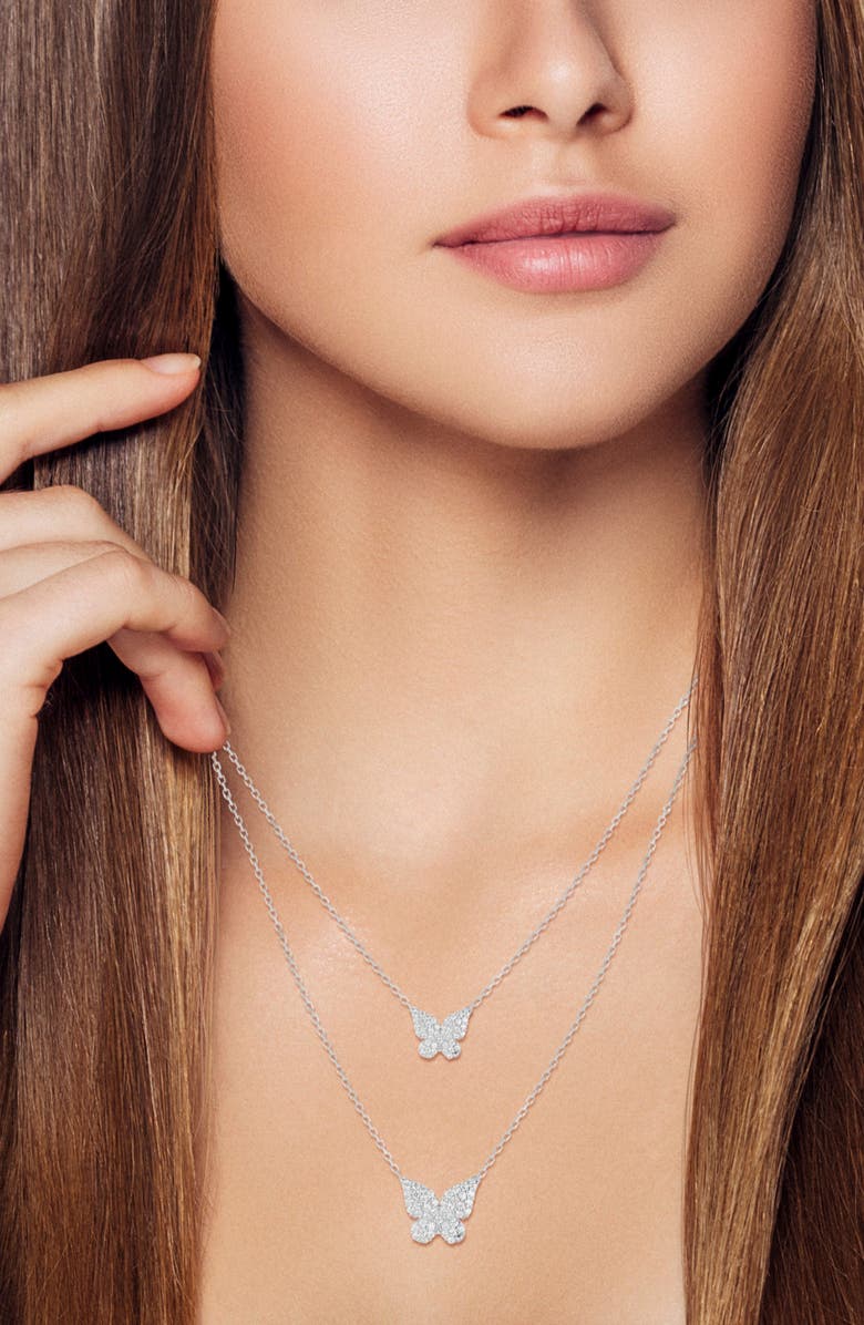 GLAZE JEWELRY Pavé Cubic Zirconia Butterfly Pendant Layered Necklace, Alternate, color, Silver