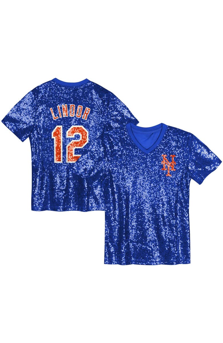 Outerstuff Juniors Francisco Lindor Royal New York Mets Name & Number Sequin V-Neck Top, Alternate, color, Royal
