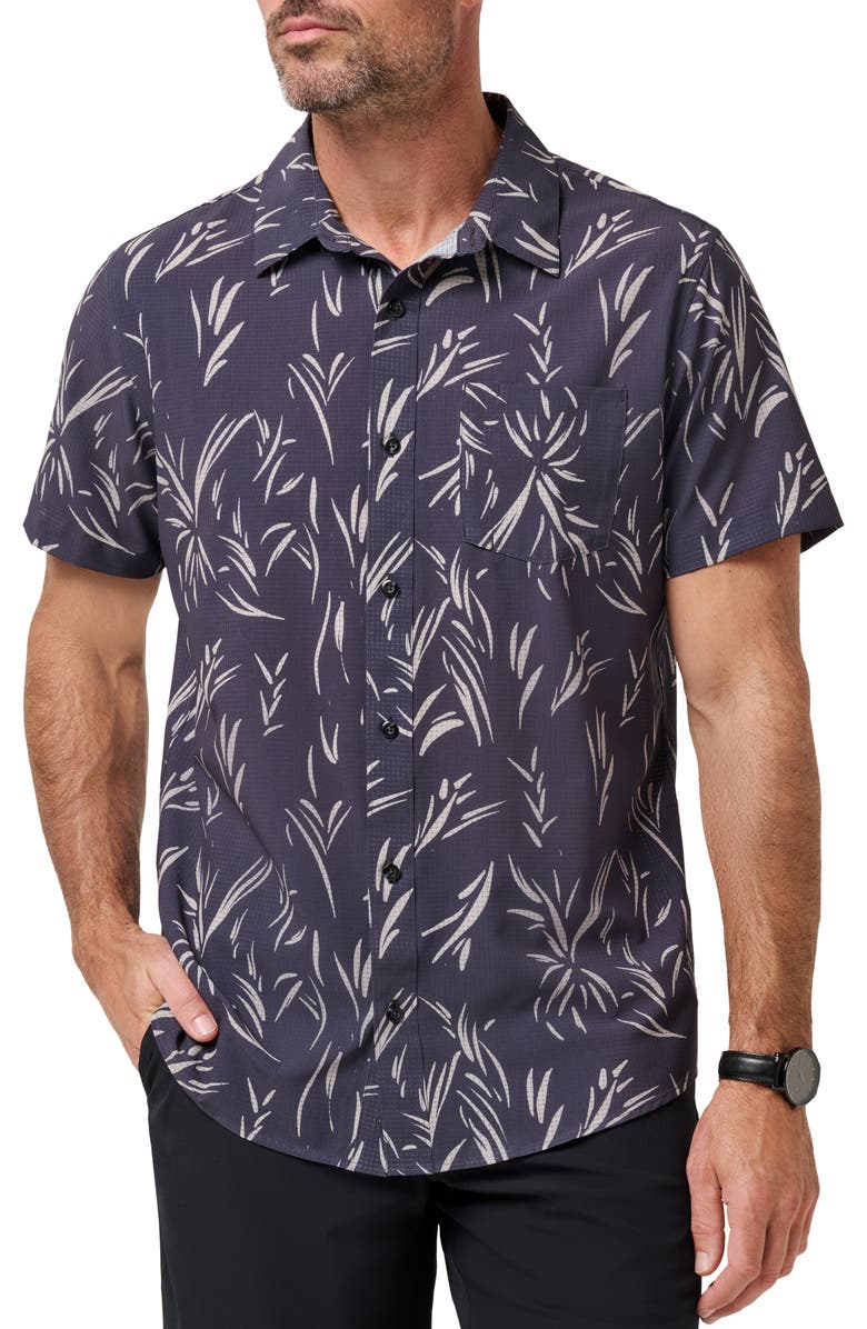 TravisMathew In the Clubhouse Performance Short Sleeve Button Up Shirt, Main, color, Ebony