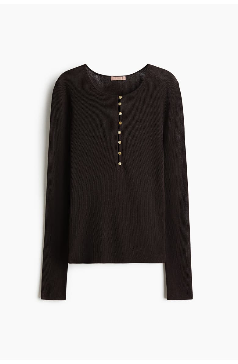 H&M Ribbed Henley Top, Main, color, Dark Brown