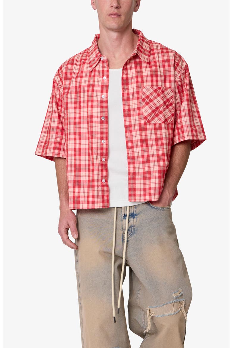 Plaid Crop Short Sleeve Cotton Flannel Button-Up Shirt, Alternate, color, RED