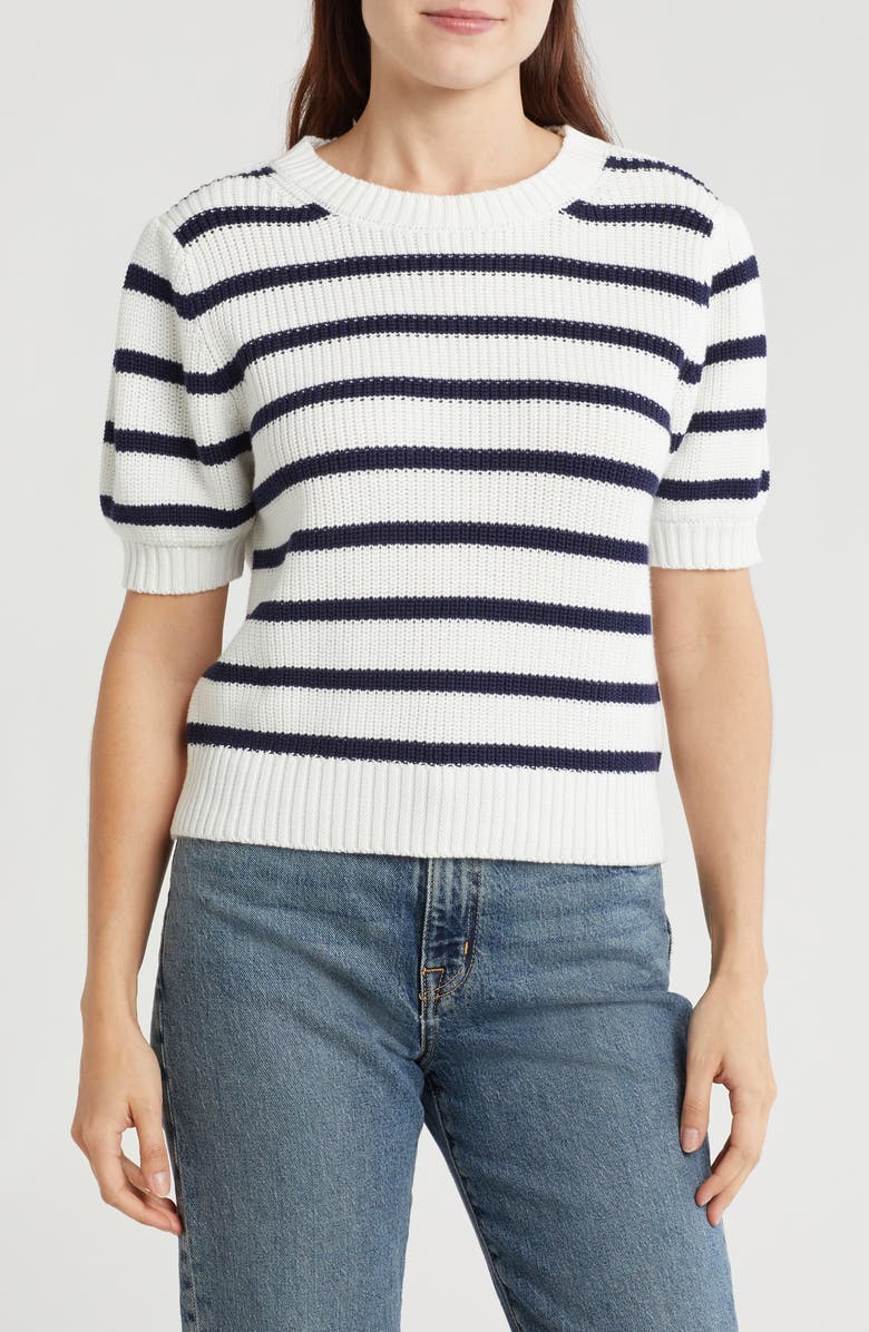 Vigoss Puff Sleeve Stripe Sweater, Main, color, White/ Navy