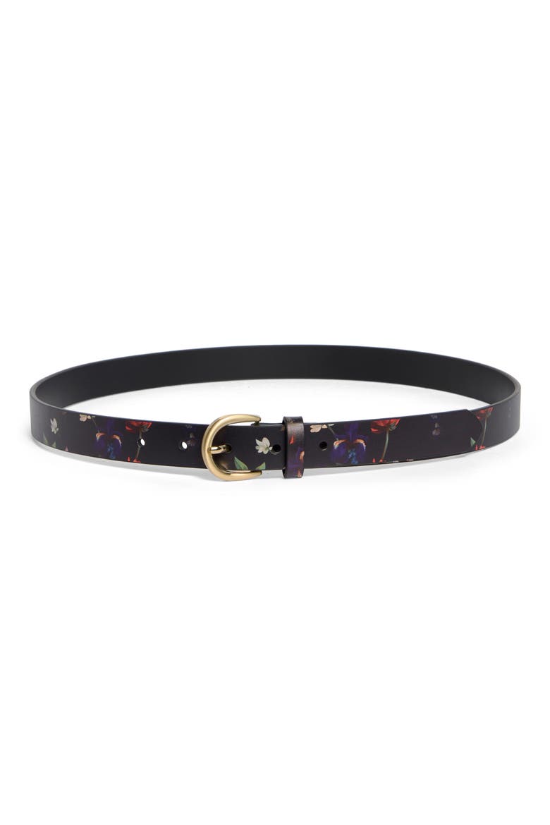 Floral Print Leather Belt, Main, color, BLACK