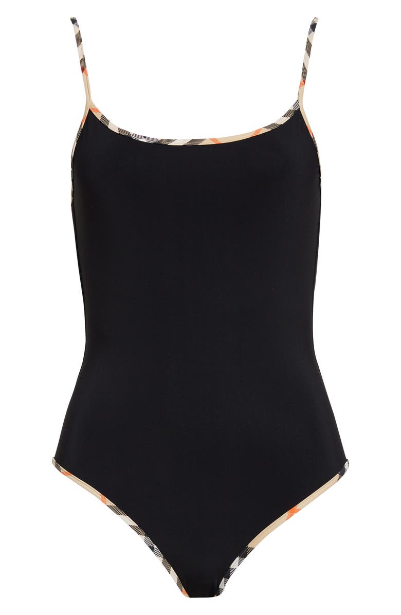 Burberry Sylvia Check Trim One-Piece Swimsuit, Main, color, Black