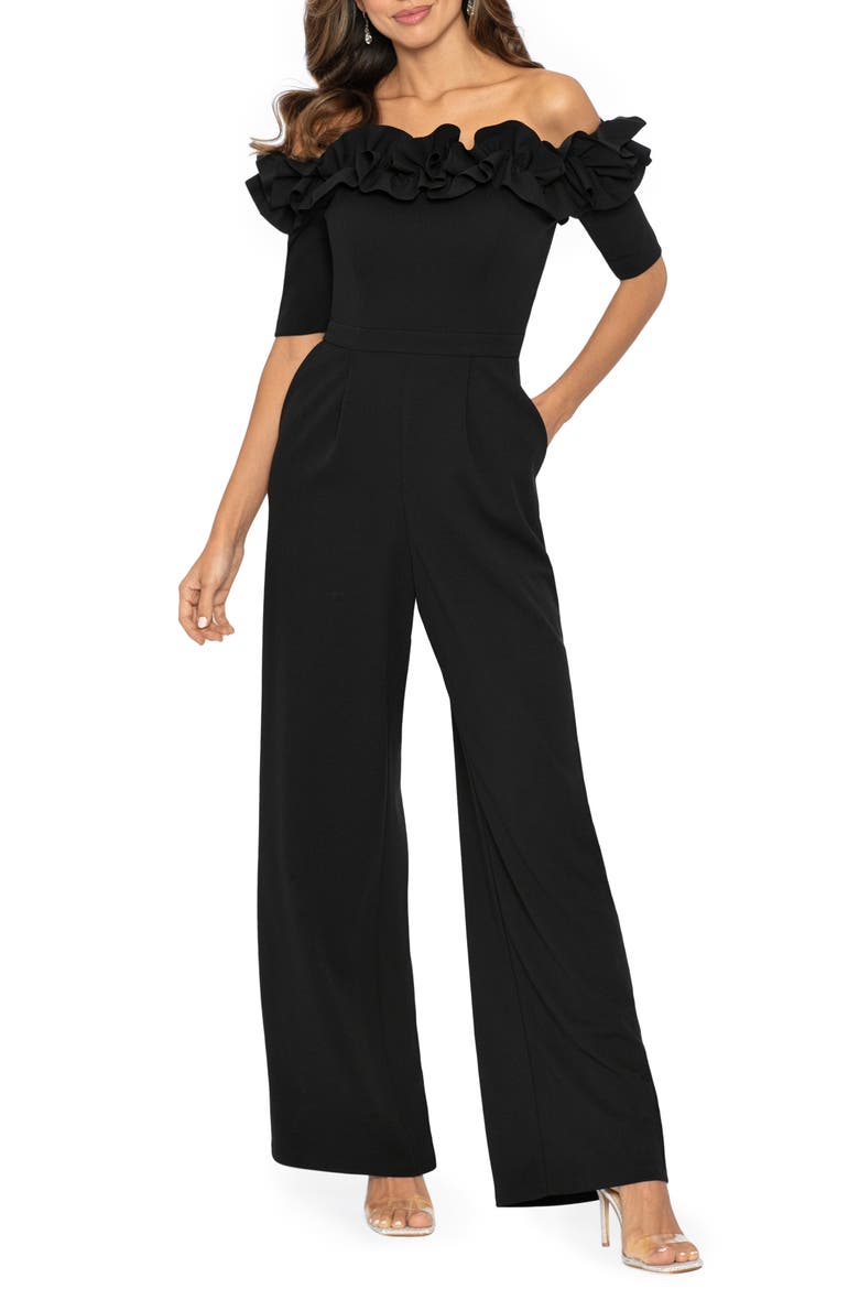 Ruched Ruffle Scuba Crepe Jumpsuit, Main, color, BLACK