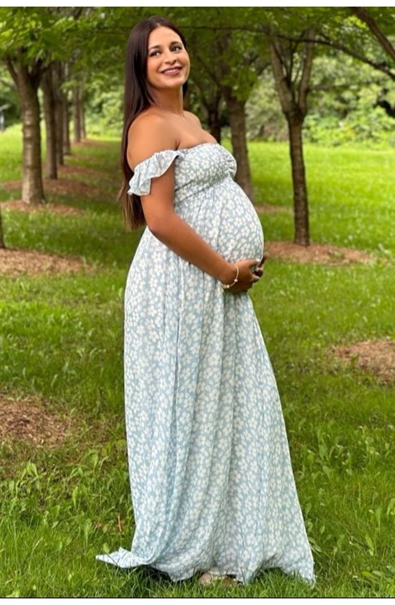 PinkBlush Floral Chiffon Sweetheart Neck Off Shoulder Maxi Dress, Alternate, color, Light Blue