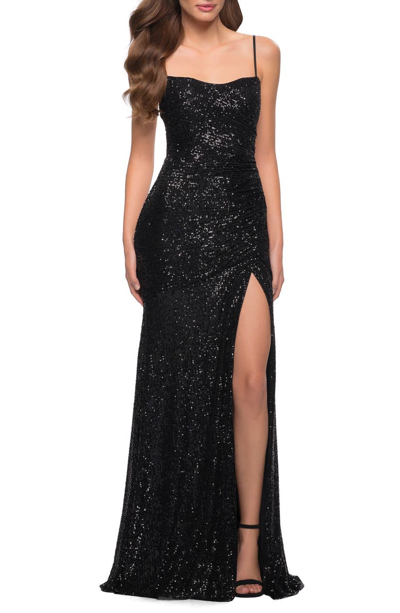 La Femme Strappy Back Sequin Gown, Main, color, 