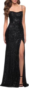 La Femme Lace Up Back Sequin Gown with Flare Skirt