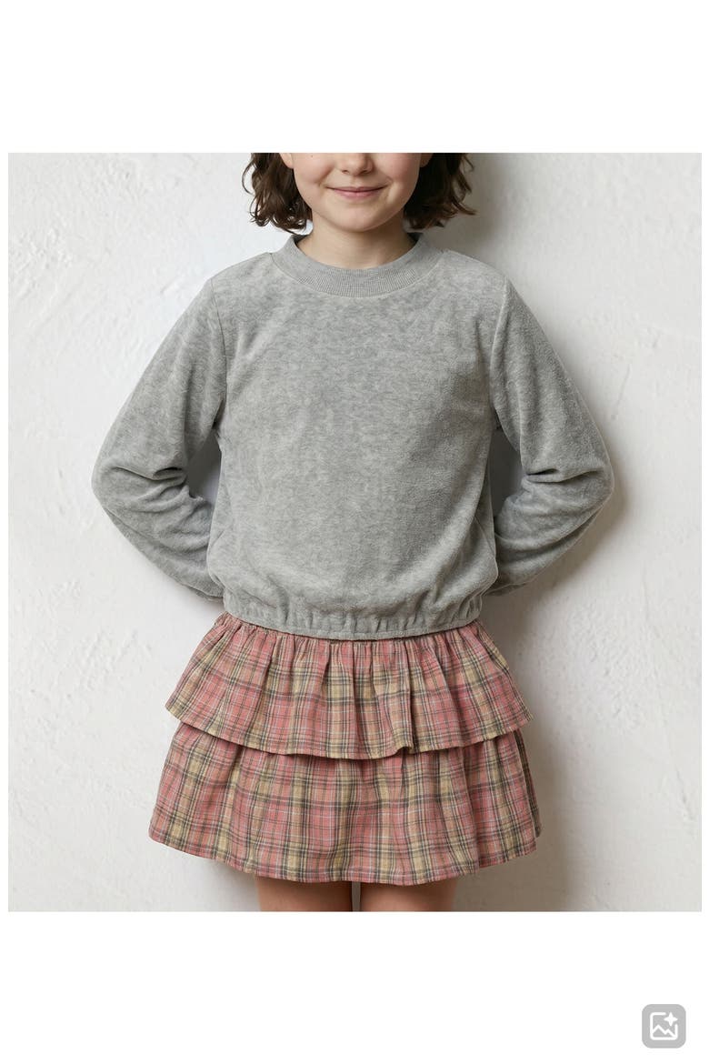 Kids' French Terry Top and Plaid Skirt Set, Alternate, color, GRAY/ PINK