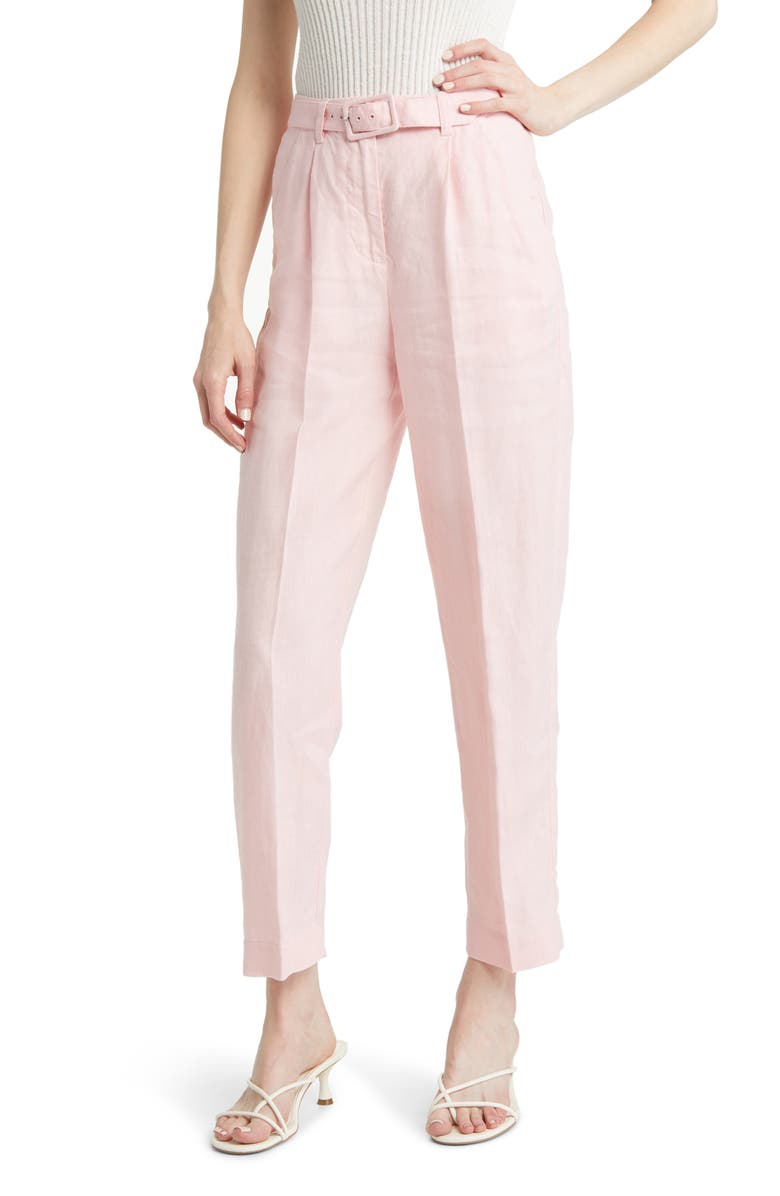 & Other Stories High Waist Pleat Front Linen Ankle Pants, Main, color, Pink