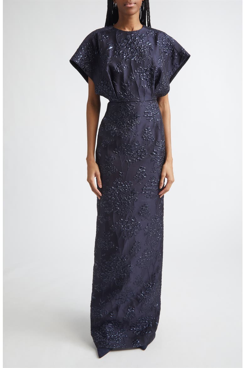 Fan Bodice Floral Metallic Jacquard Column Gown, Main, color, MIDNIGHT