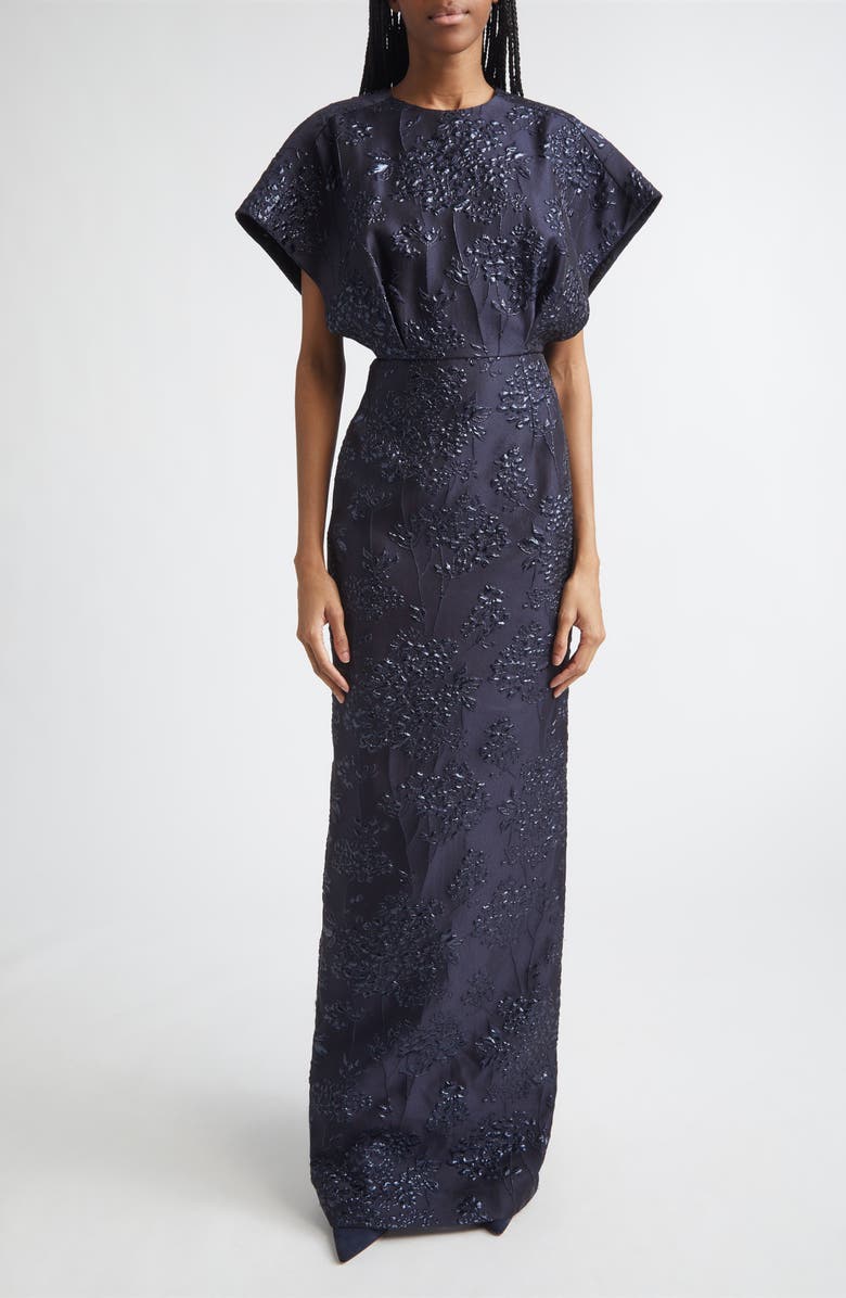 Carolina Herrera Fan Bodice Floral Metallic Jacquard Column Gown, Main, color, Midnight