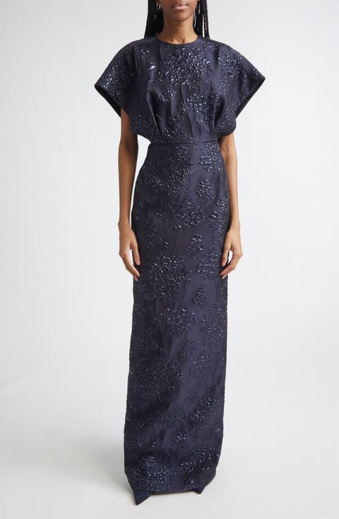 Fan Bodice Floral Metallic Jacquard Column Gown