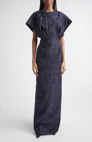 Carolina Herrera Fan Bodice Floral Metallic Jacquard Column Gown