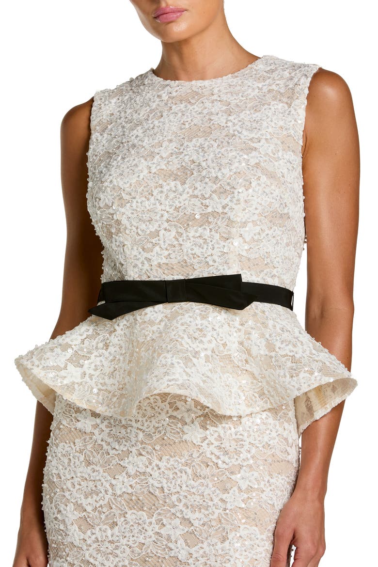 Sleeveless Lace Peplum Top Column Gown With Bow, Alternate, color, Ivory Nude