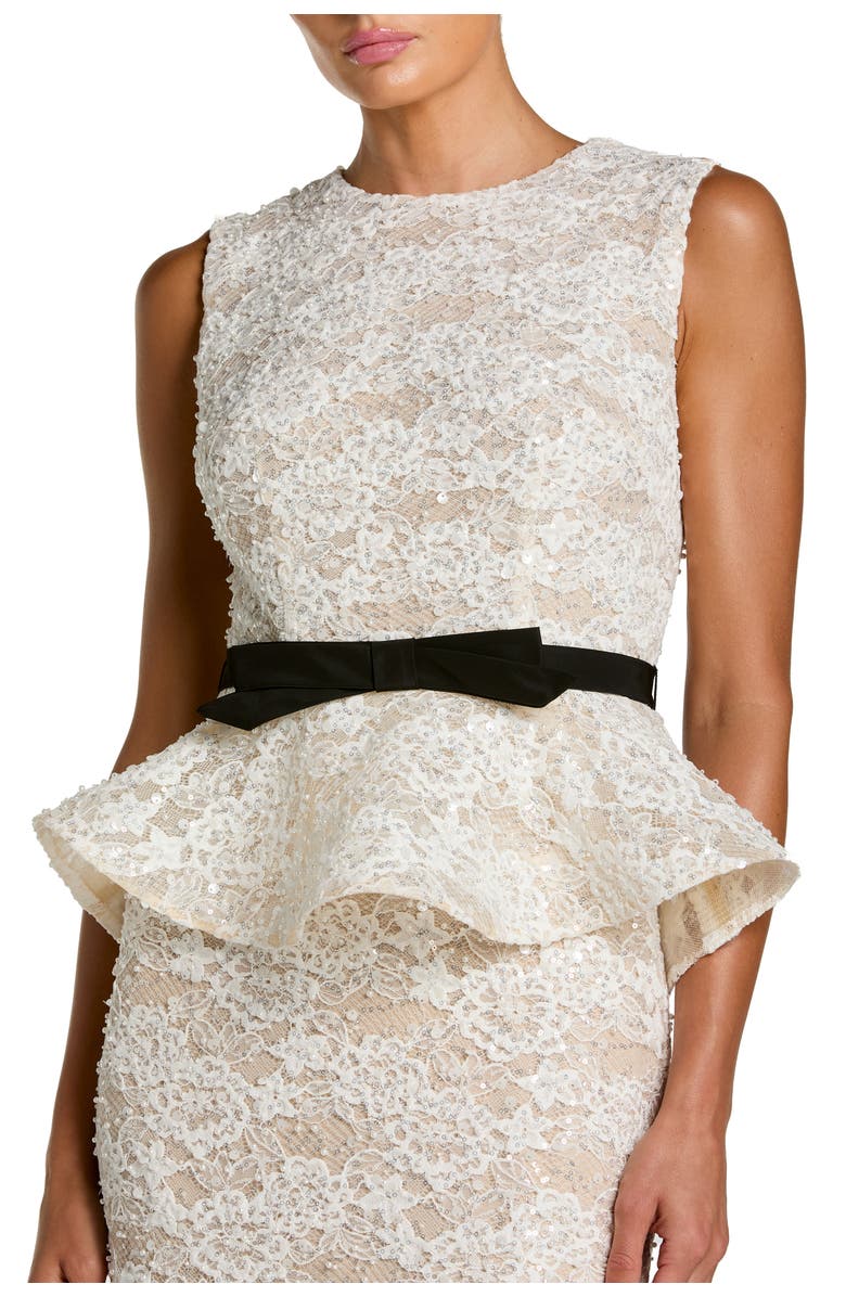 Mac Duggal Sleeveless Lace Peplum Top Column Gown With Bow, Alternate, color, Ivory Nude