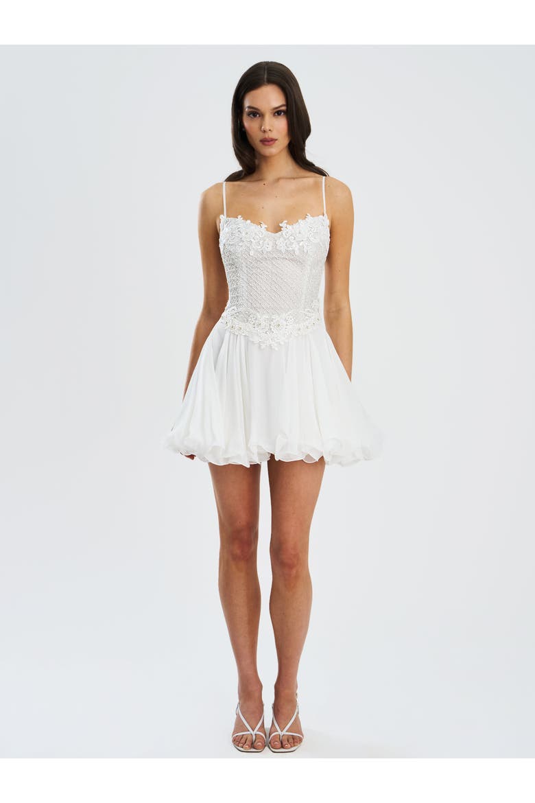 Fabiola Lace Trim Net Top Mini Flare Chiffon Dress, Alternate, color, Silver