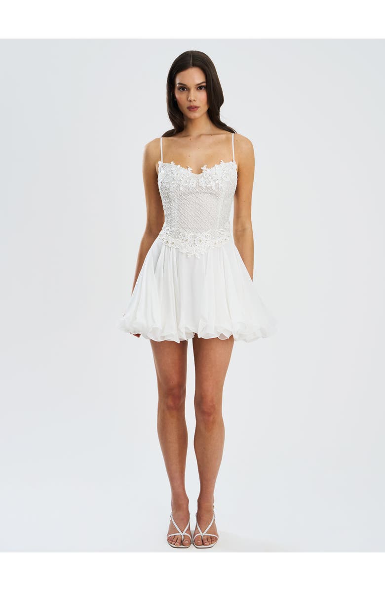 Miss Circle Fabiola Lace Trim Net Top Mini Flare Chiffon Dress, Alternate, color, Silver