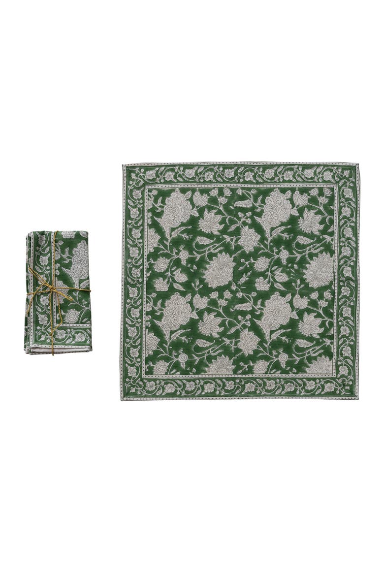 Petals Block Print Cotton Napkins, Set of 4, Main, color, Green and White