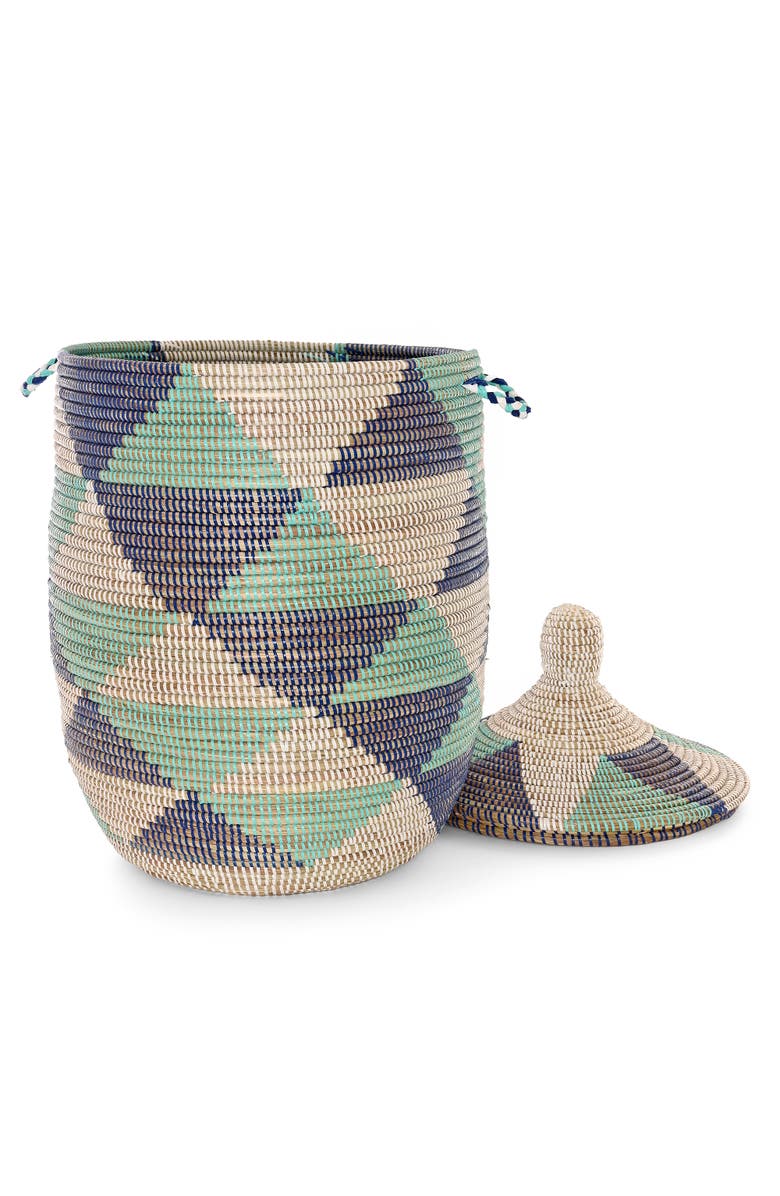 African Modern Large Blue and White Triangles Lidded Hamper Basket, Alternate, color, Blue And White