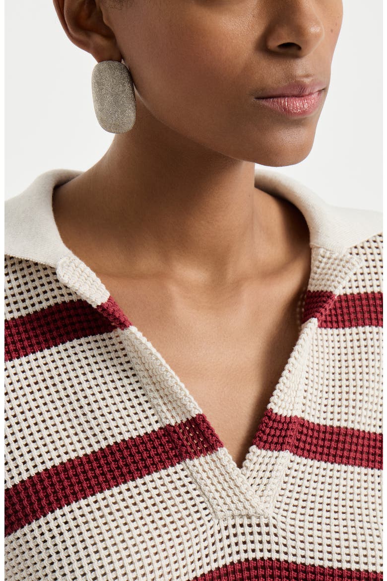 Cotton striped net knit polo shirt, Alternate, color, Bordeaux