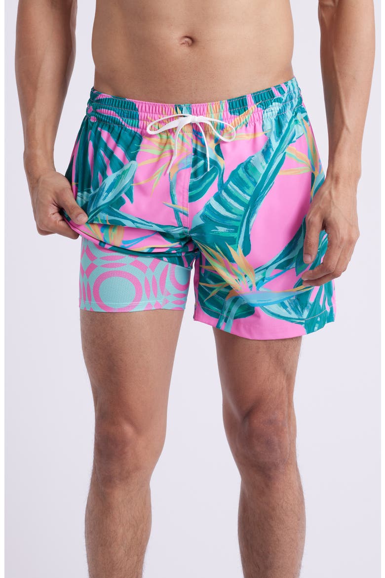 The Birds of Paradise Floral 5.5-Inch Swim Trunks, Alternate, color, BRIGHT PINK