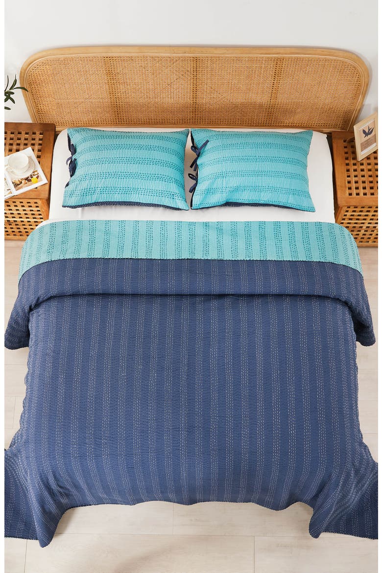 Kantha Reversible Cotton Coverlet, Alternate, color, NAVY AND TEAL