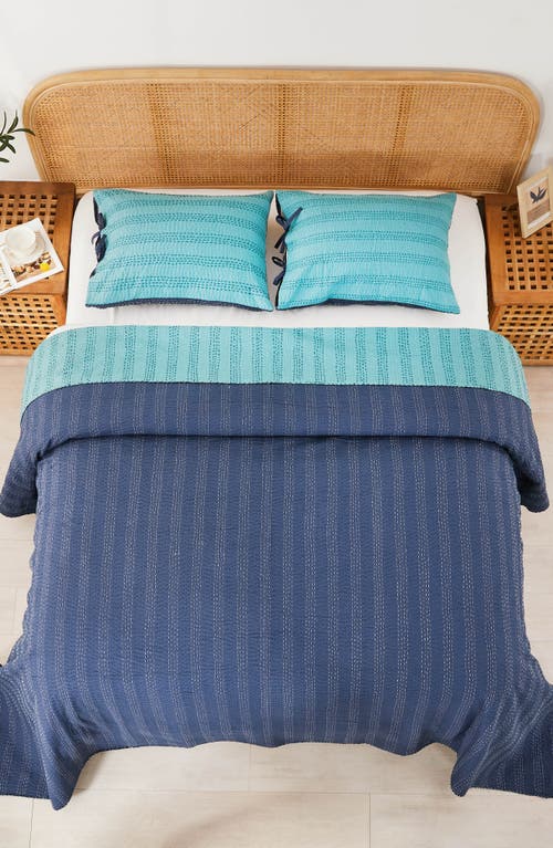 Melange Home Kantha Reversible Cotton Coverlet In Navy And Teal