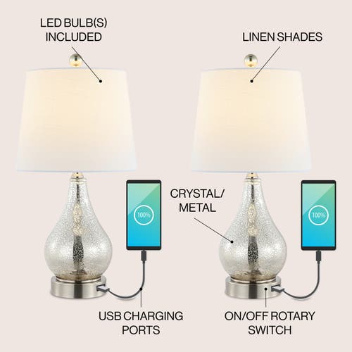 Jonathan Y Dino 21" Farmhouse Industrial Iron/glass Led Table Lamp With Usb Charging Port, Silver In Silver