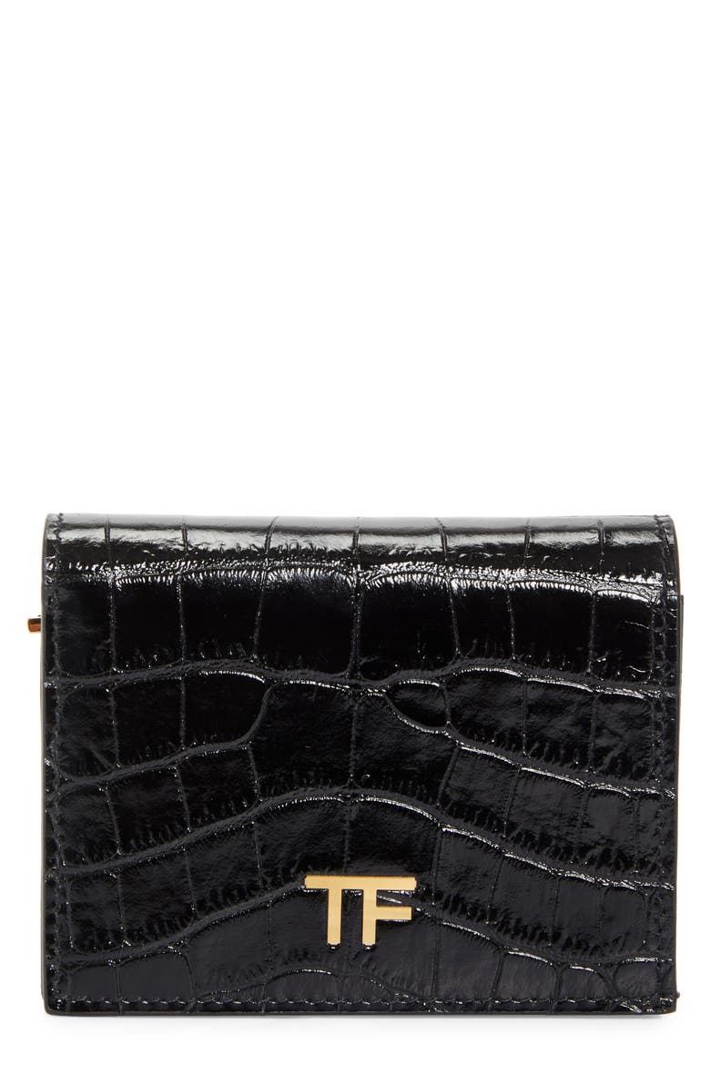 T-Line Croc Embossed Leather Card Holder, Main, color, BLACK
