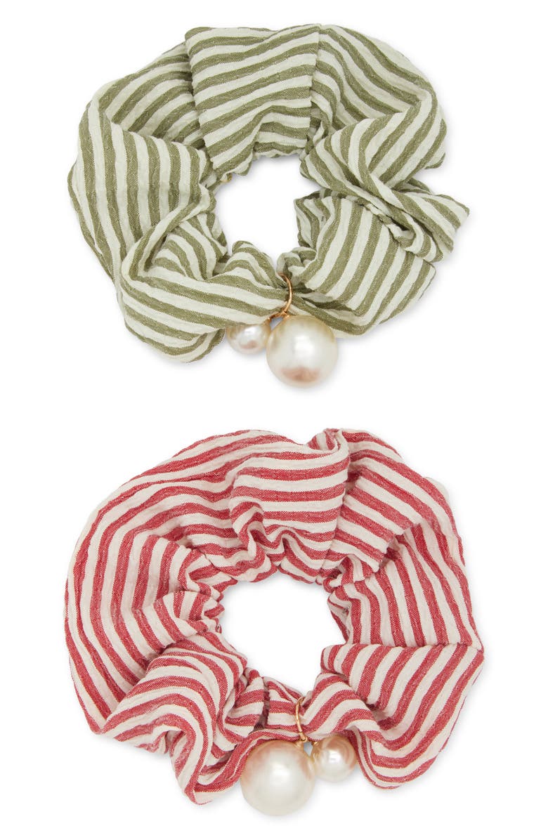 Tasha Assorted 2-Pack Faux Pearl Stripe Scrunchies, Main, color, Pink Green
