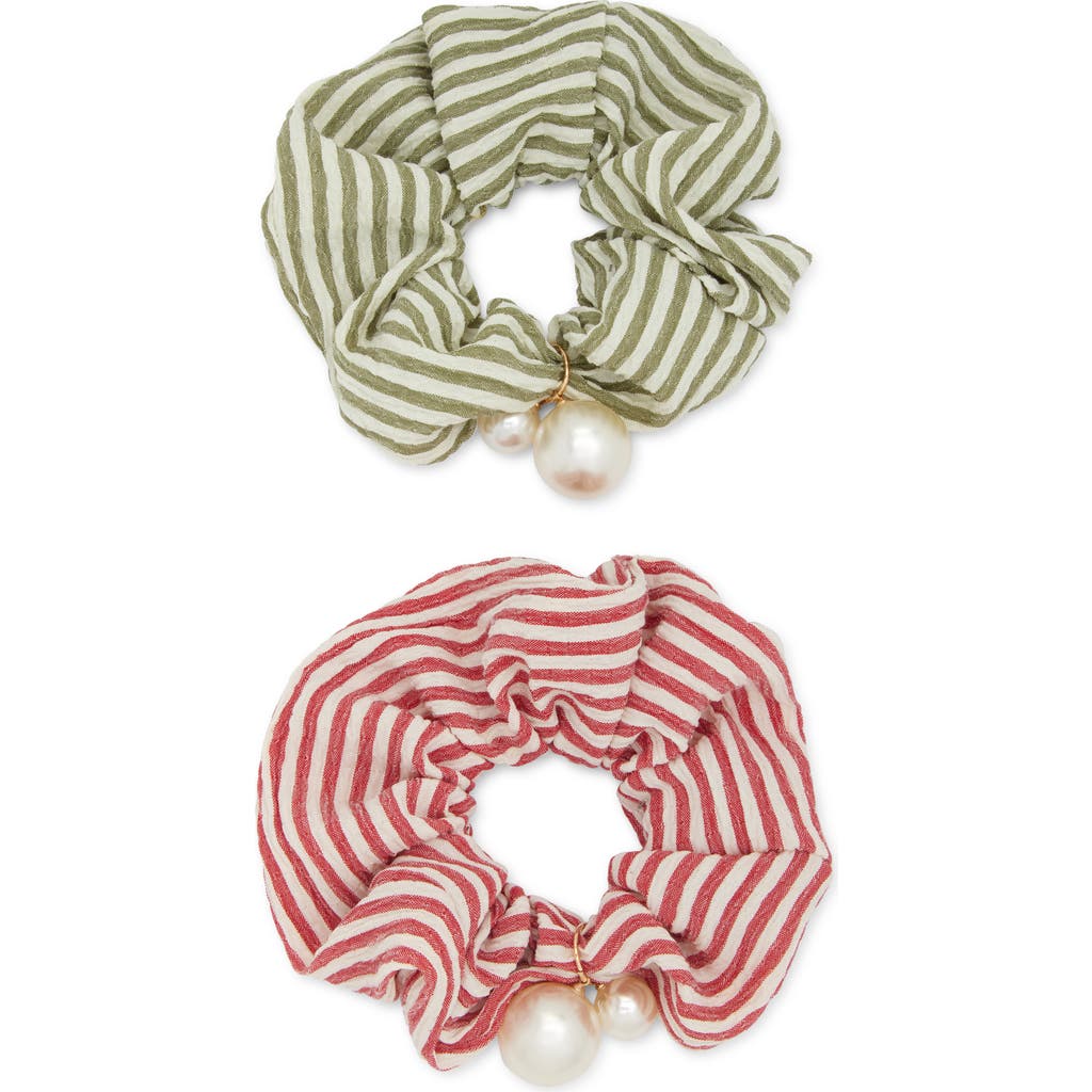Tasha Assorted 2-pack Faux Pearl Stripe Scrunchies In Pink Green