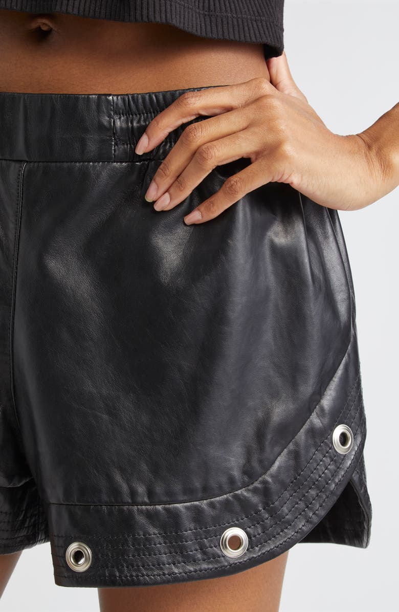 R13 Grommet Detail Leather Gym Shorts, Alternate, color, Black